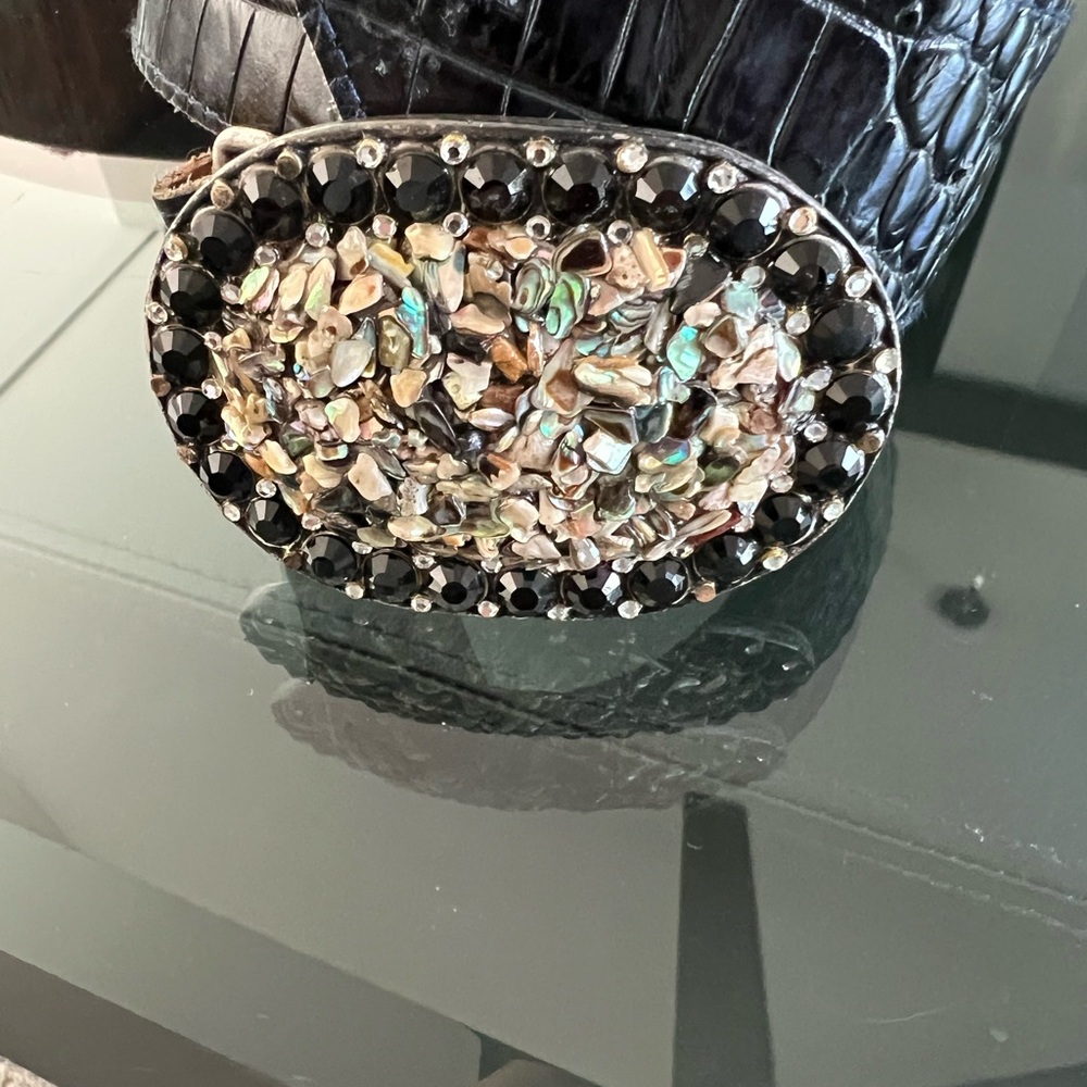 Navy Blue Belt w Embellished black crystal and small abalone shell Belt